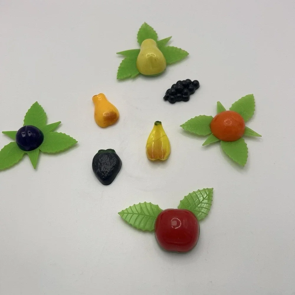 Vintage 60's Lot of 8 Refrigerator Retro  Magnets Fruit & Flowers Kitschy Groovy